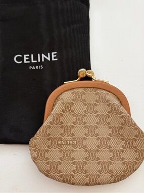 CELINE Vintage Triomphe Canvas Coin Purse Wallet with gold kiss-lock